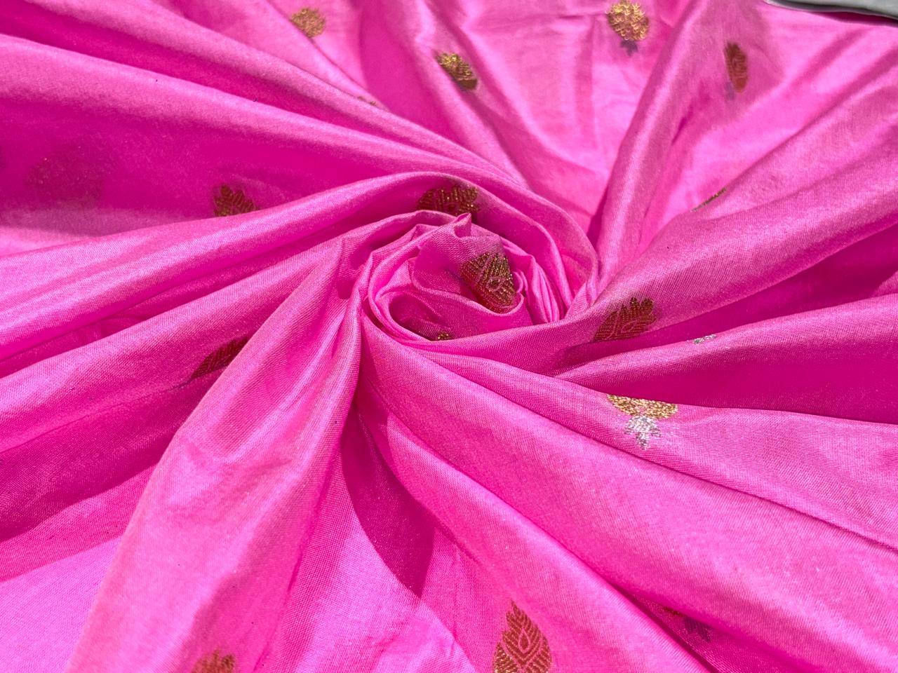 100% PURE Silk Brocade fabric 44" wide PINK with small metallic gold ,silver motifs BRO914[7]