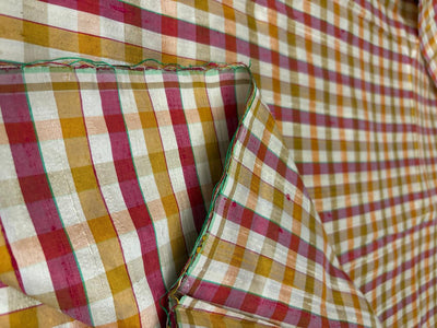 100% silk dupion  red ,pink, mustard, gold ,ivory Plaids fabric 44" DUPNEWC32[1]