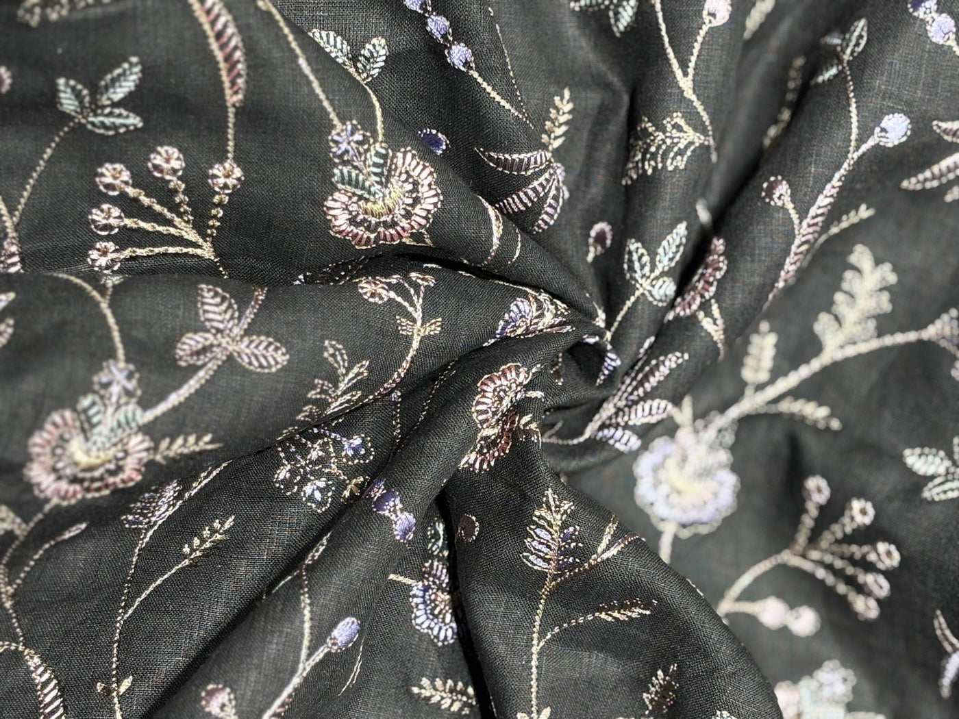 100% Linen Embroidery  black with lilac and pink floral embroidery [17271]