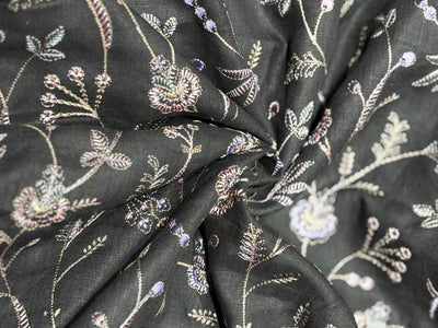 100% Linen Embroidery  black with lilac and pink floral embroidery [17271]