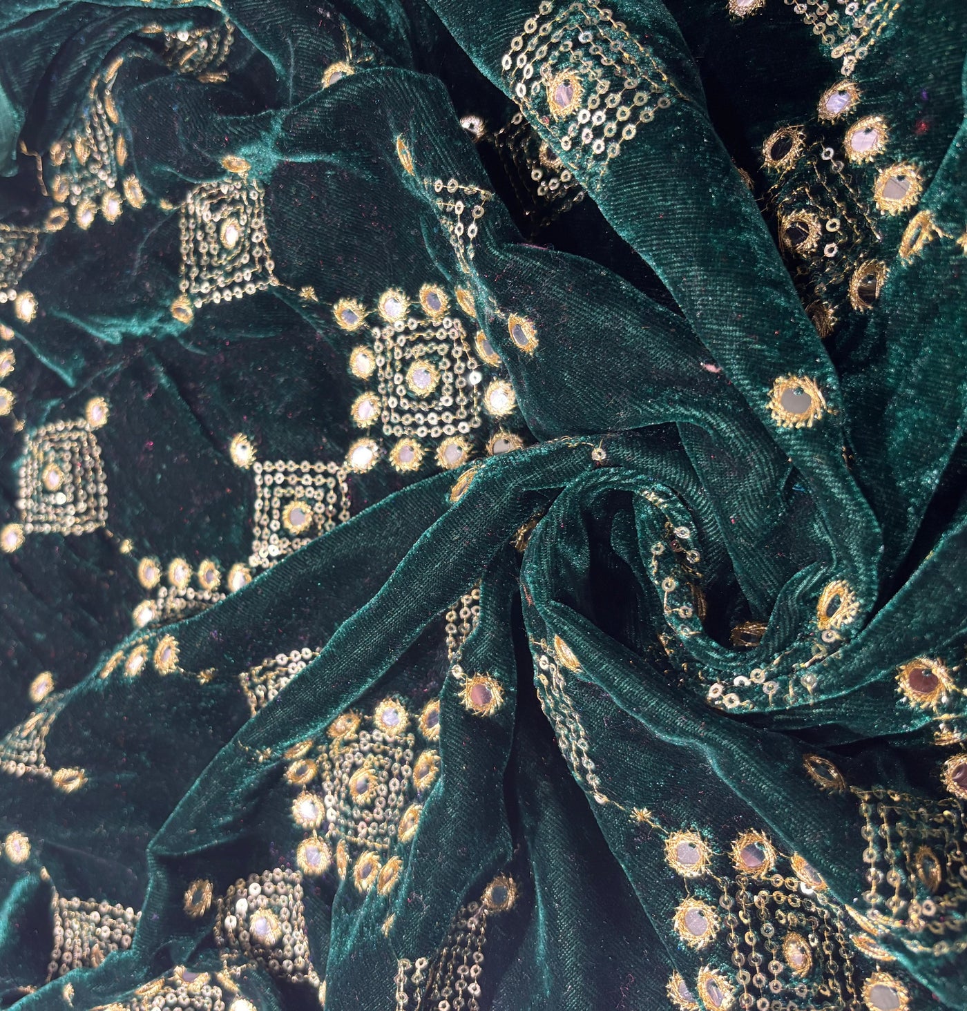 Micro Velvet Fabric Embroidered 44" wide available in 2 colors emerald green and brown