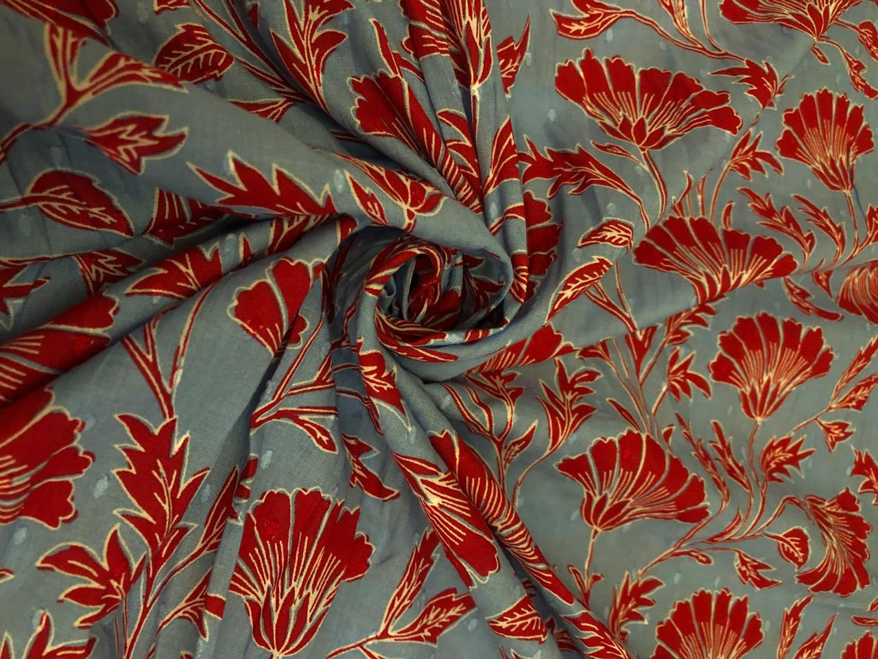 100% cotton mull fabric blue with dainty red flowers dobby [18691]