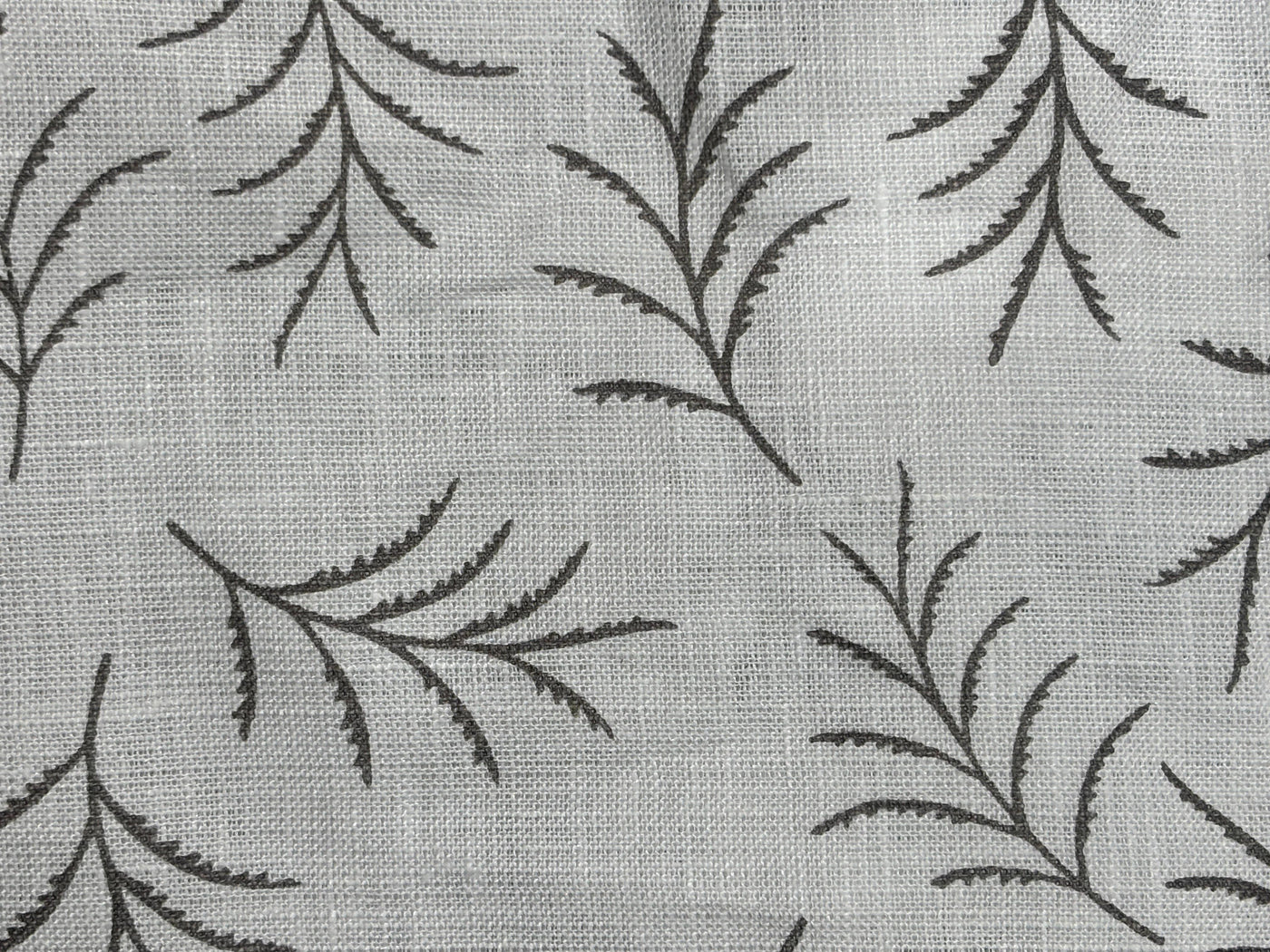 Linen 70's lea  pure linen fabric 58 inch wide white and grey leaf motif  print [17682]
