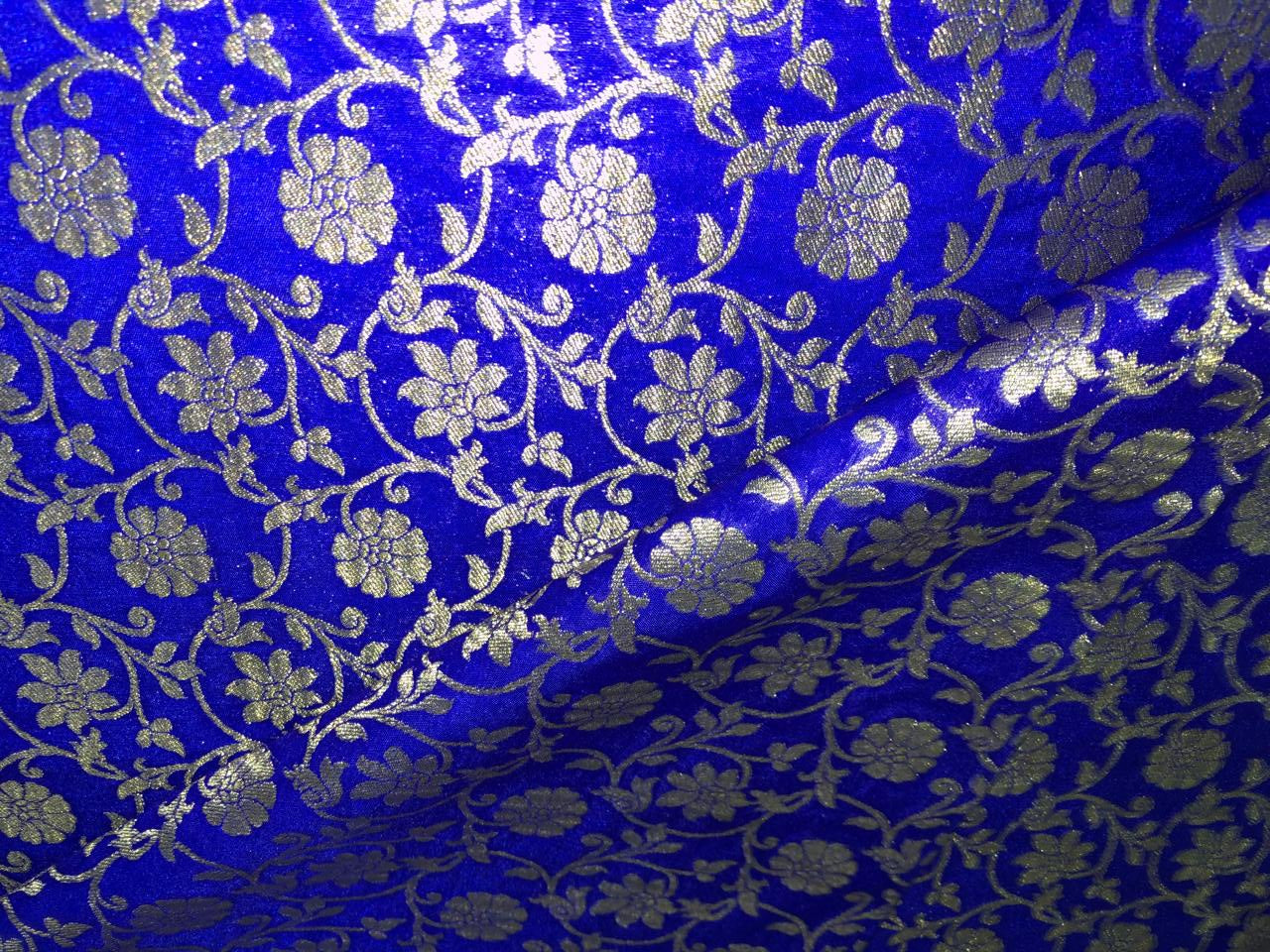 Silk Brocade fabric 44"all over floral vines in subtle metallic gold  jacquard available in 2 colors royal blue  and green BRO1041 (3/4)