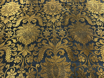 Silk Brocade fabric slate blue with metallic gold   jacquard  BRO1024[4]
