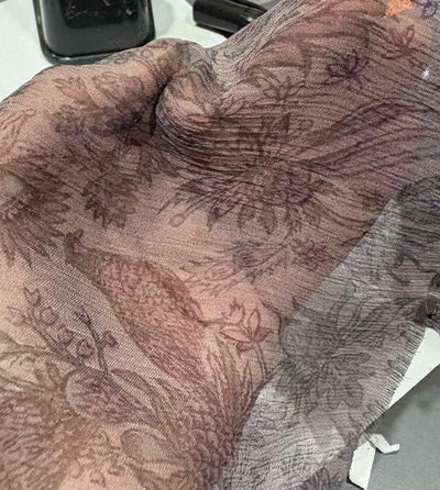 Silk chiffon  fabric iridescent  pink green and grey floral with bird  print  44" wide [17794]