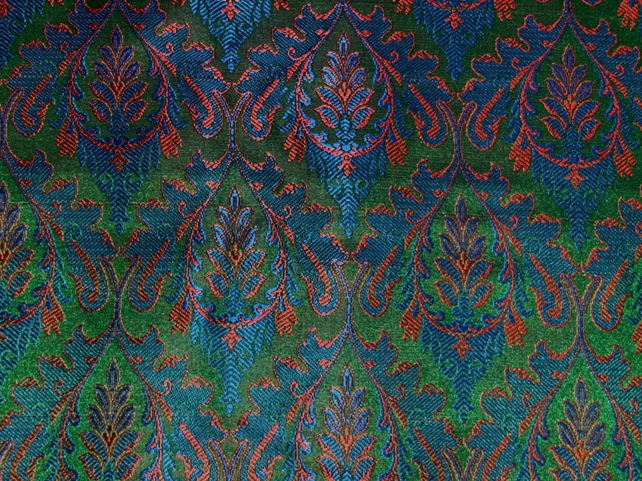 Silk Brocade fabric 44"jacquard green with beautiful blue and reddish orange motifs BRO1068[2]