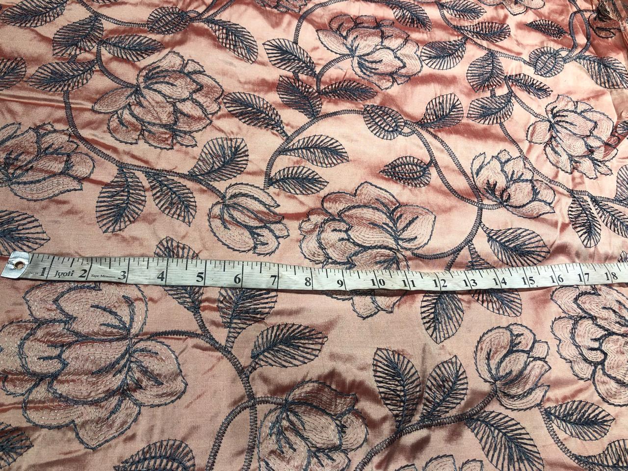 100% Silk dupioni peach with grey and brown floral [17232]