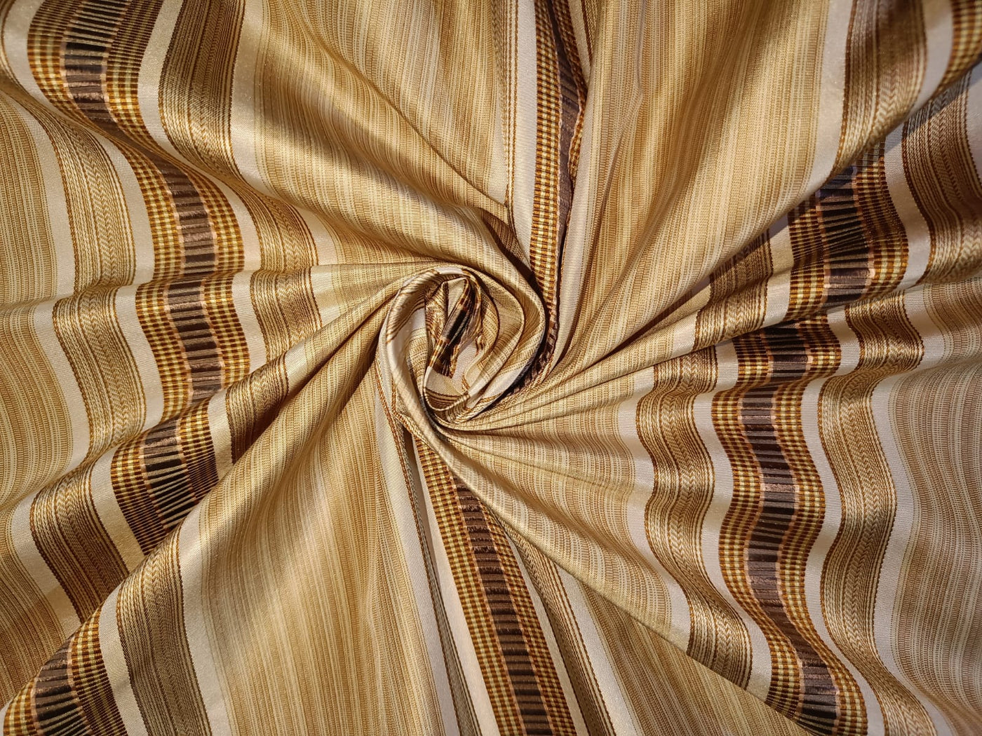 100% SILK TAFFETA FABRIC GOLD X BROWN SATIN STRIPES COLOR 54" wide TAF#S84[2]