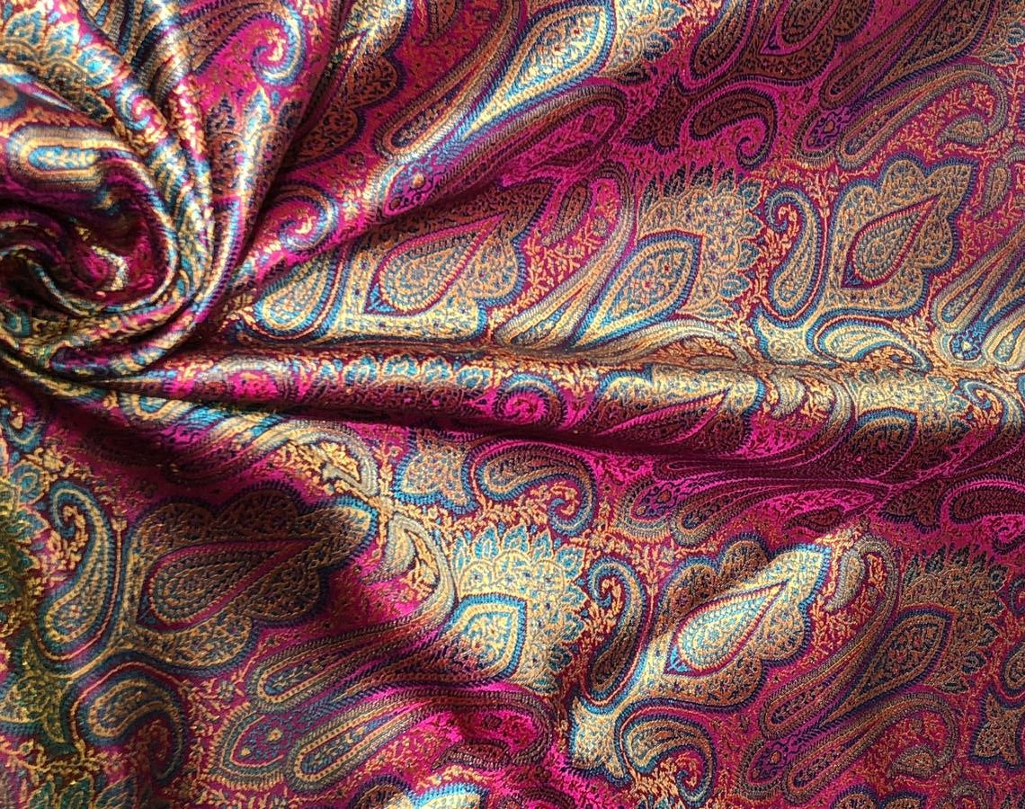 Silk Brocade fabric 44" wide paisley jacquard available in 3 colors pink and blue ,red and green and pastel pink and slate blue BRO1037