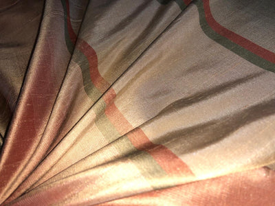 PURE SILK Dupioni FABRIC Golden Green ,salmon pink and golden olive color Stripes DUPS15[1]