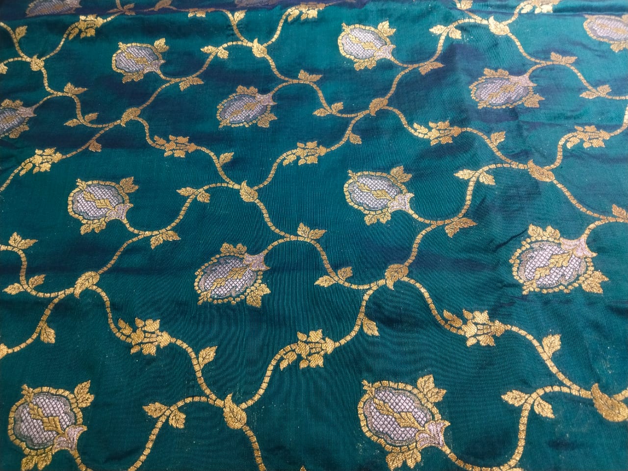 Brocade Fabric PEACOCK BLUE  Jacquard x metallic gold and silver   Color 44" WIDE BRO982[3]