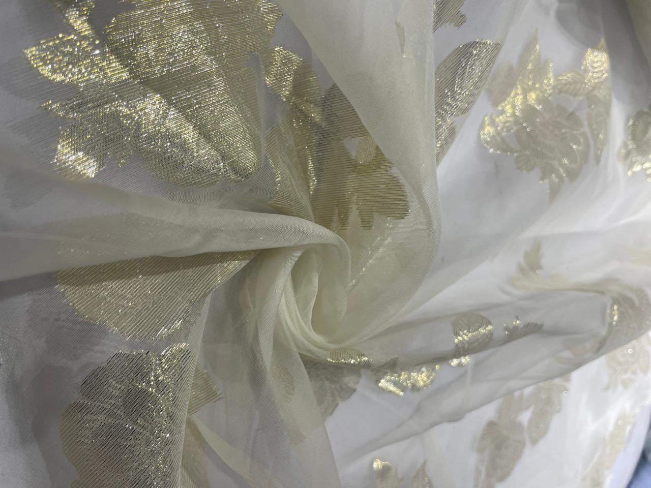 100% silk organza ivory with lurex  jacquard  ROSES 44" wide [16715]