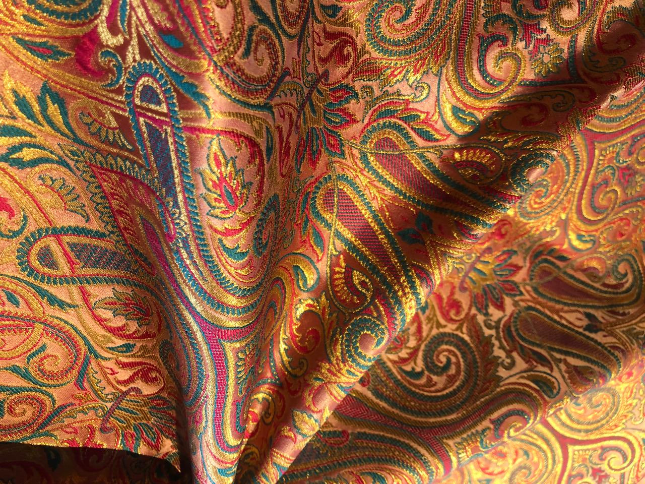 Silk Brocade fabric gold jacquard paisleys available in 3 colors magenta/teal ,deep purple/teal and peach/green/red BRO1102