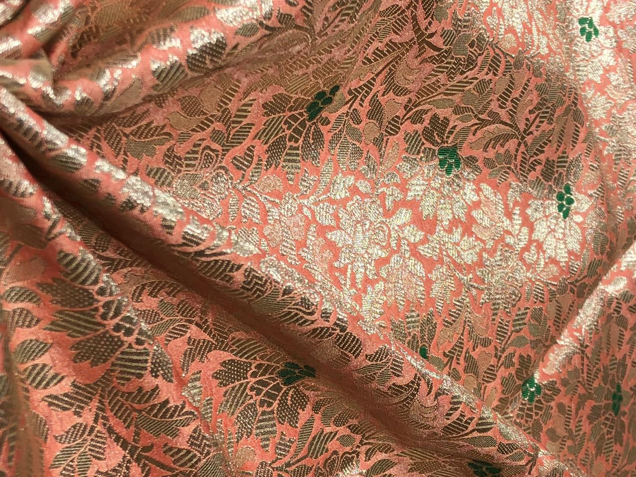Silk Brocade fabric 44" peach and green with metallic white gold floral jacquard BRO1038[3]