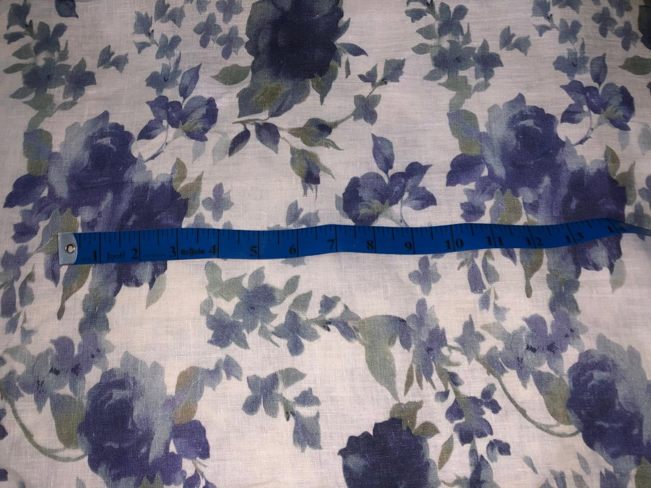 70's lea  pure linen fabric 44 inch wide grey and blue floral print [17649]