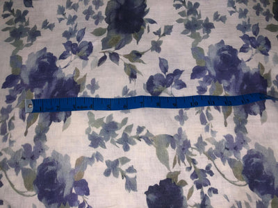 70's lea  pure linen fabric 44 inch wide grey and blue floral print [17649]