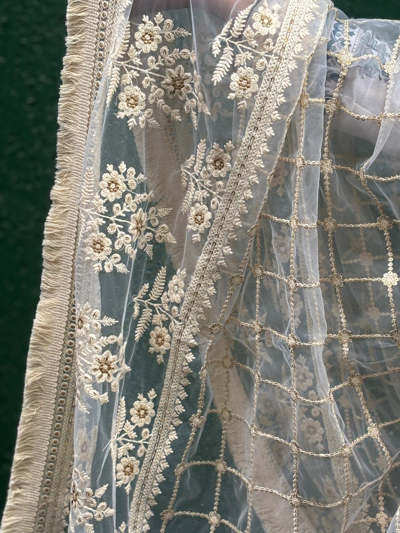 NET stole with  36" wide and 90" long with subtle gold sequence and embroidery [17684]
