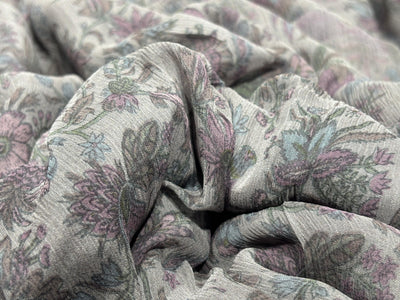 Silk chiffon  fabric iridescent  pink green and grey floral with bird  print  44" wide [17794]