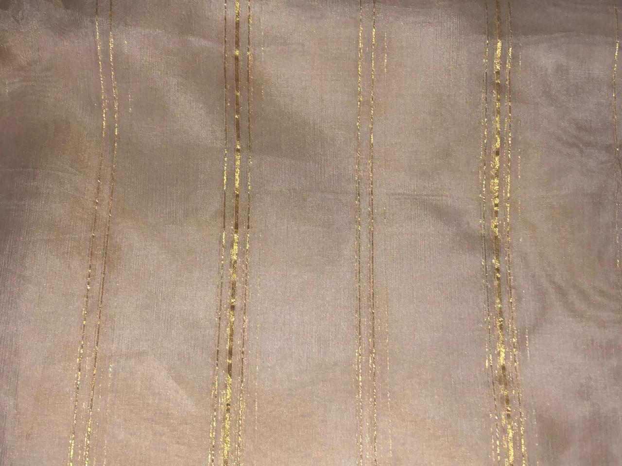 100% SILK ORGANZA FABRIC  DARK CREAM COLOR WITH METALIC GOLD STRIPES 44" WIDE [16291]