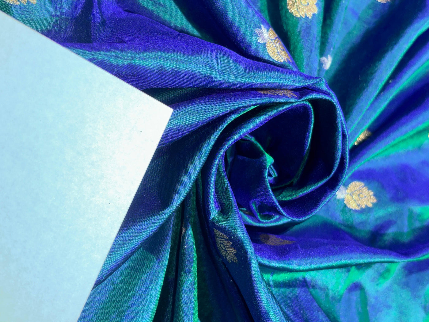 100% PURE Silk Brocade fabric 44" wide BLUE X GREEN [KINGFISHER BLUE]2 tone with small metallic gold ,silver motifs BRO914[6]