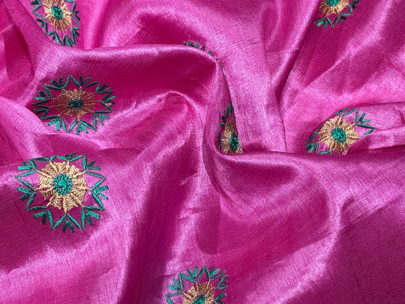 Tussar Silk 70 gms per meter Fabric pink with embroidered floral motif 42" Wide [17769]