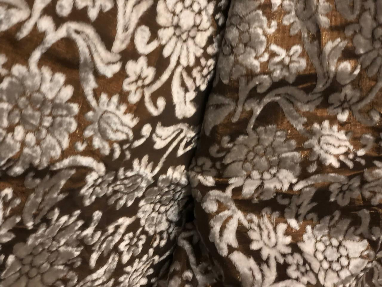 White Devore Viscose Burnout Velvet fabric 44" wide antique gold available in 2 designs floral & swirl motifs [18313/14]