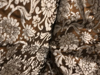 White Devore Viscose Burnout Velvet fabric 44" wide antique gold available in 2 designs floral & swirl motifs [18313/14]