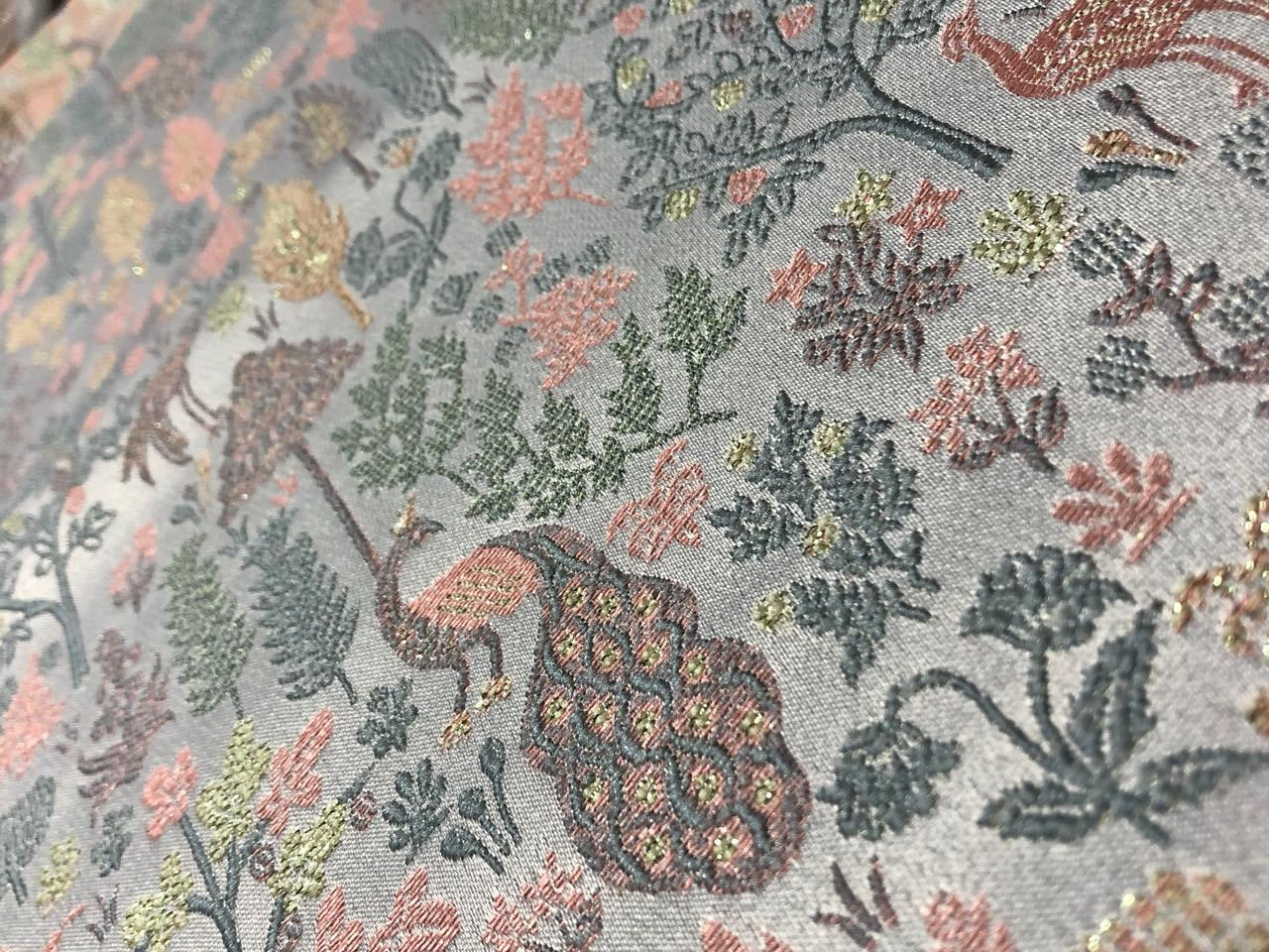 Silk Brocade fabric  jacquard with with subtle embroidery with subtle shimmer 54"silver grey, pink, and green peacocks BRO1034[3]