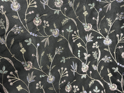 100% Linen Embroidery  black with lilac and pink floral embroidery [17271]