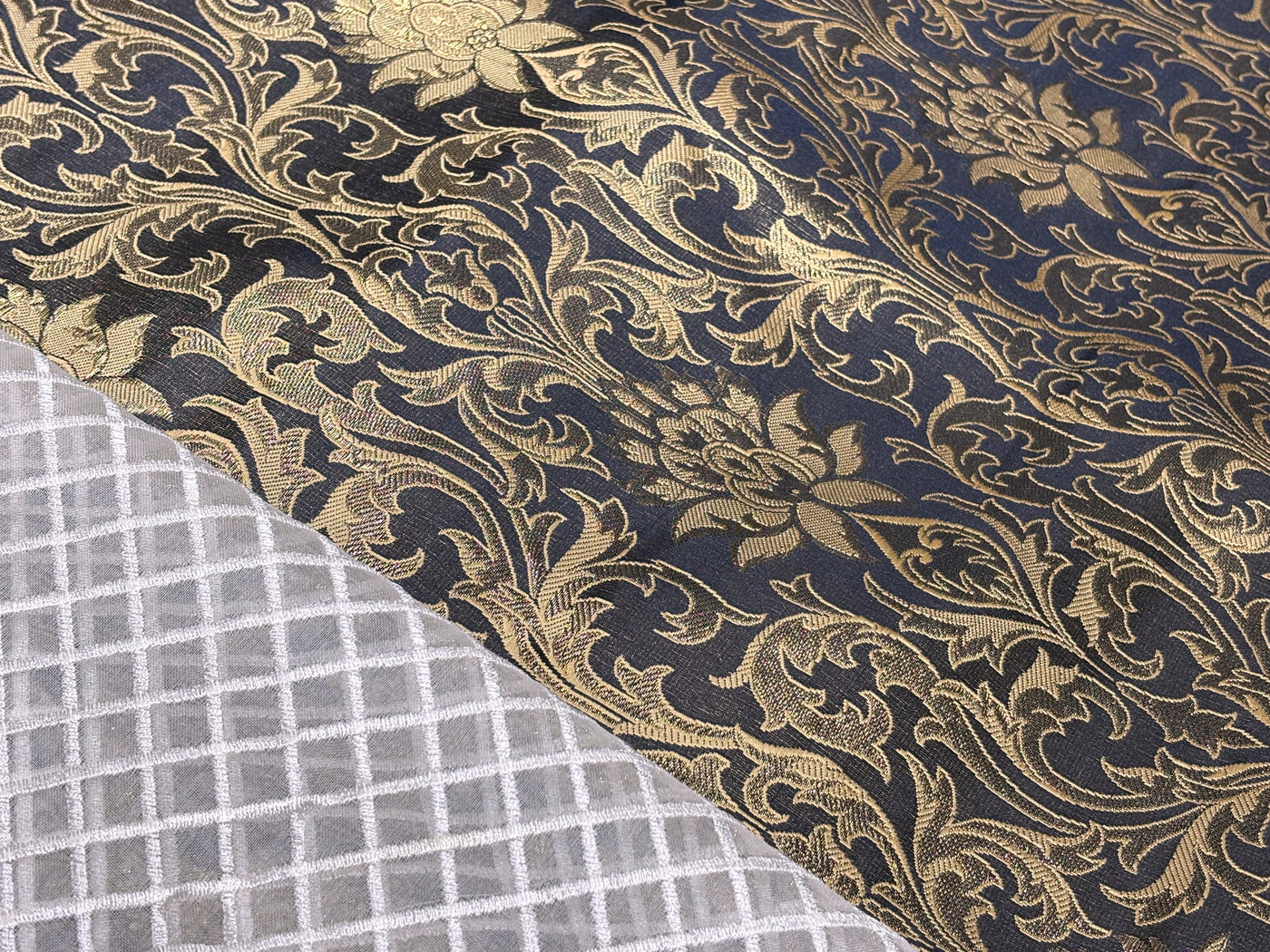 Silk Brocade fabric 44" antique gold jacquard motifs with vines available in 2 colors navy and black  BRO1054