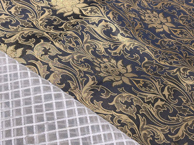Silk Brocade fabric 44" antique gold jacquard motifs with vines available in 2 colors navy and black  BRO1054