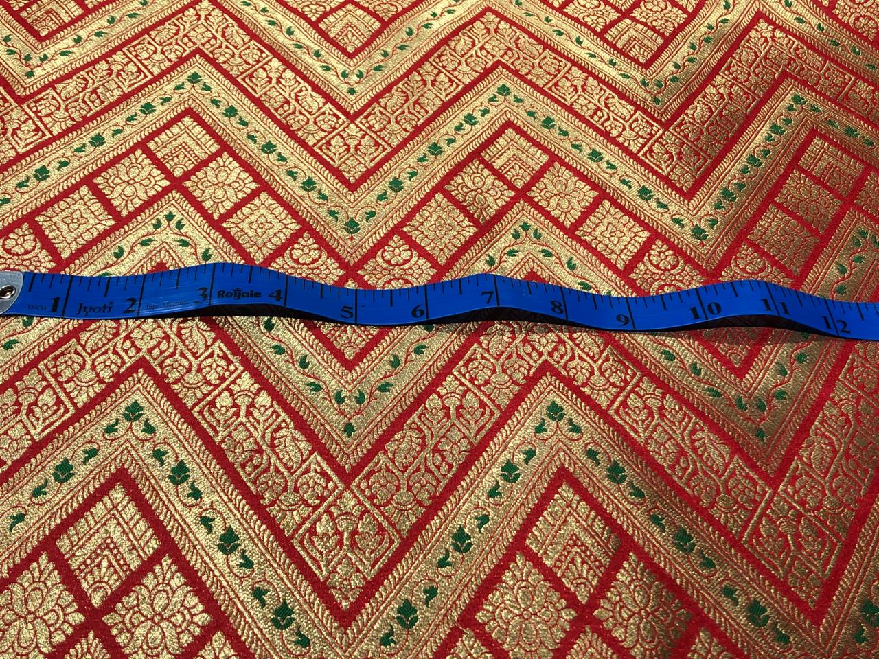 Silk Brocade fabric 44"red color geometric triangles x metallic gold jacquard and a hint of green leaves  BRO1044[2]