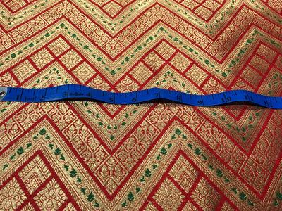 Silk Brocade fabric 44"red color geometric triangles x metallic gold jacquard and a hint of green leaves  BRO1044[2]