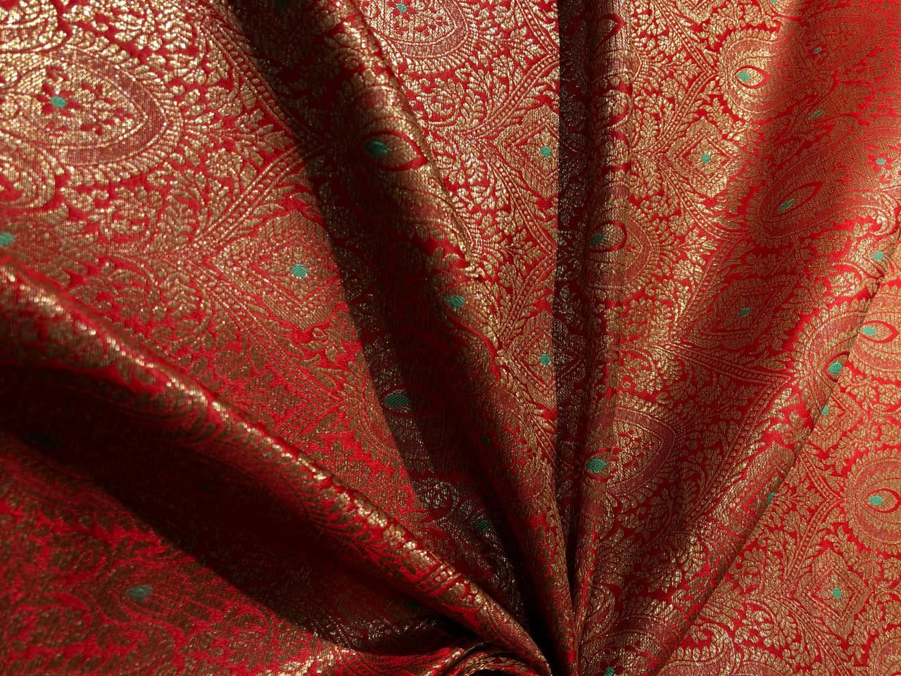 Silk Brocade Fabric RED /GREEN X ANTIQUE metallic gold Color 44" wide BRO949[5A]