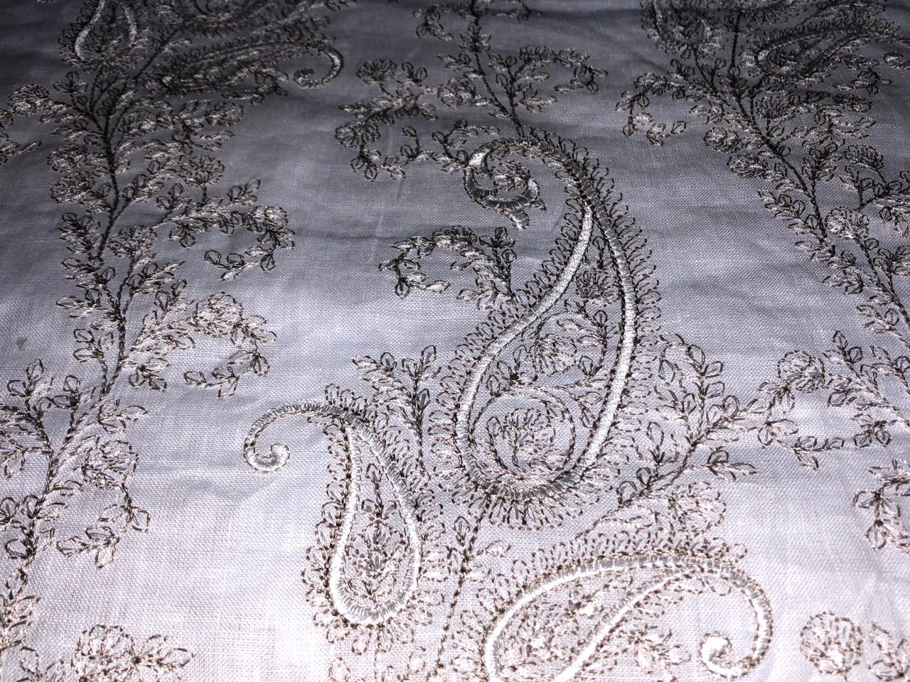 100% Linen  Kashmiri Embroidery available in 3 colors ivory with pink paisleys ,camel with navy paisley and ivory with beige paisley