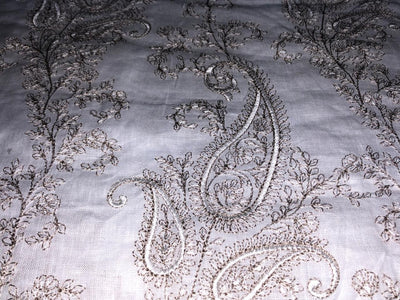 100% Linen  Kashmiri Embroidery available in 3 colors ivory with pink paisleys ,camel with navy paisley and ivory with beige paisley