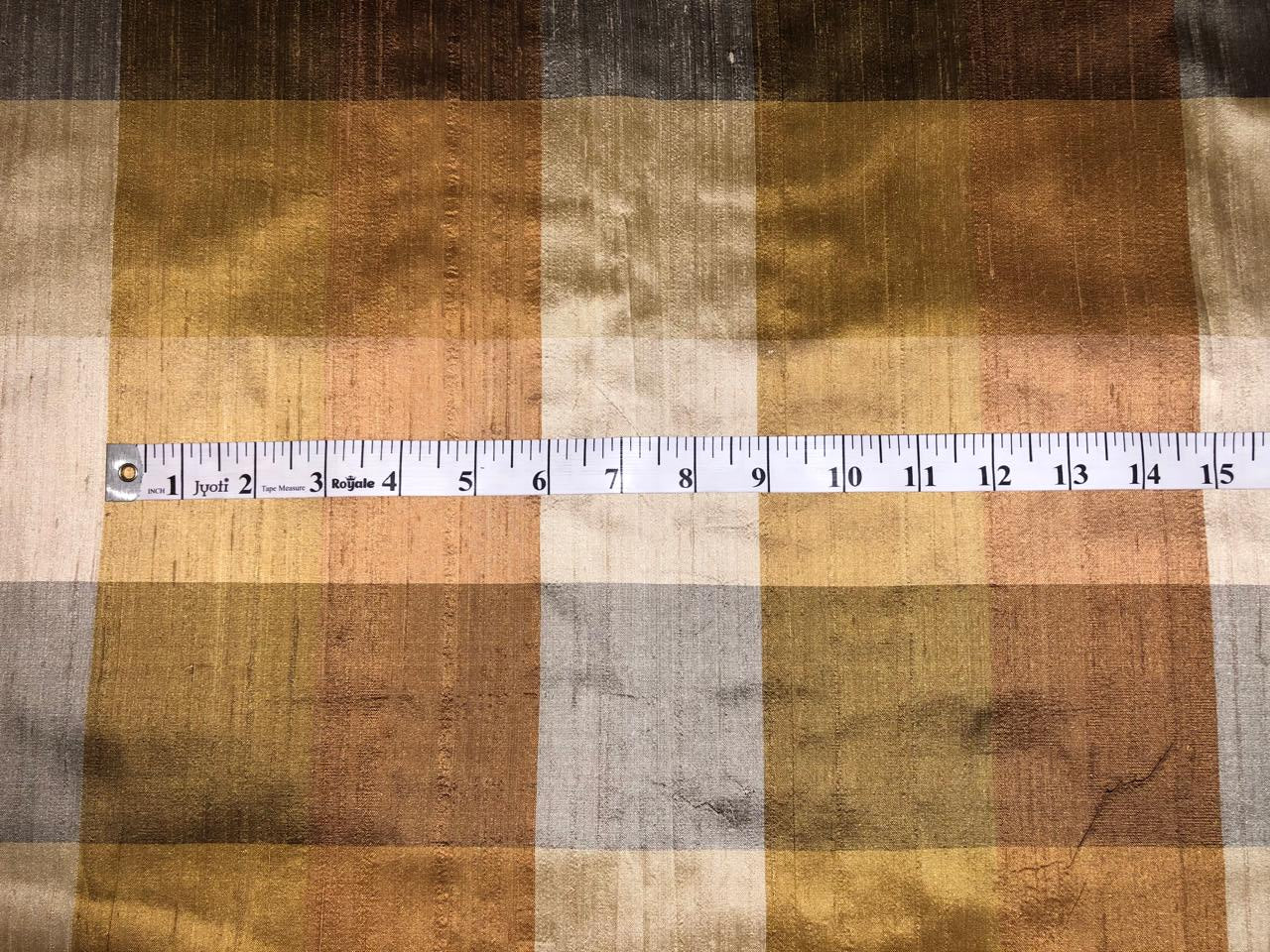 100% silk dupion  Plaids fabric shades of gold, brown and grey with slubs DUPNEWC31[2]