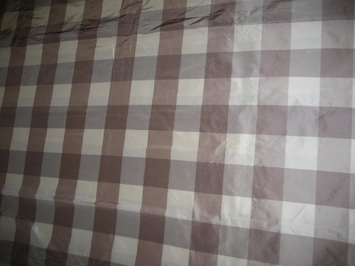 SILK TAFFETA FABRIC Ivory & aubergine x brown colour plaids 54" wide Taf#C20