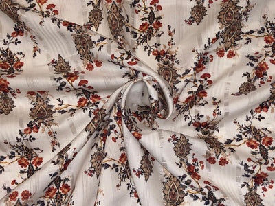 100% Viscose sateen stripe dobby print white ivory with red and gold flowers  - 58" Wide [18361]