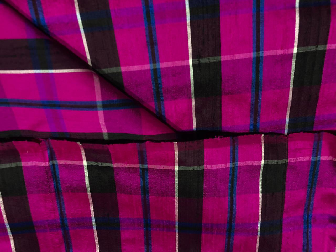 100% silk dupion  Plaids fabric with slubs bright pink, violet, burgandy ,blue and black 54" wide DUPNEWC28[1]