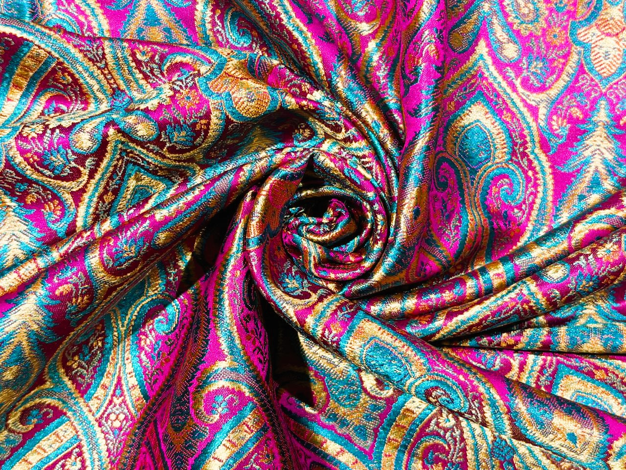 Silk Brocade fabric 44"bright paisley  jacquard available in 4 colors pink/blue/gold , mango/pink/green ,burgundy/green/gold and ink blue/teal/red   BRO1045