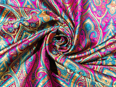 Silk Brocade fabric 44"bright paisley  jacquard available in 4 colors pink/blue/gold , mango/pink/green ,burgundy/green/gold and ink blue/teal/red   BRO1045