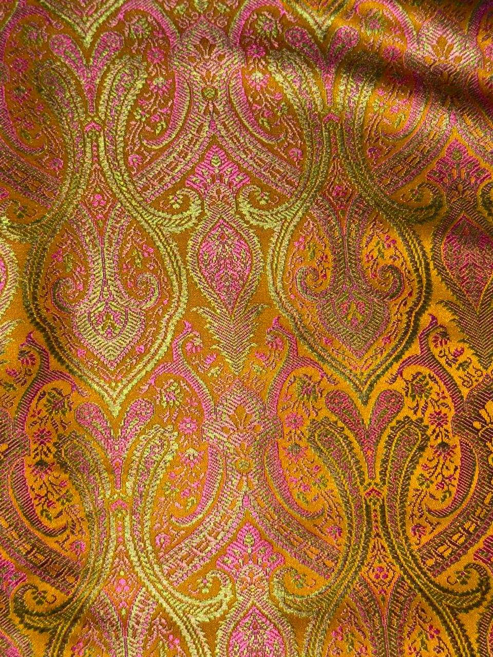 Silk Brocade fabric 44"bright paisley  jacquard available in 4 colors pink/blue/gold , mango/pink/green ,burgundy/green/gold and ink blue/teal/red   BRO1045