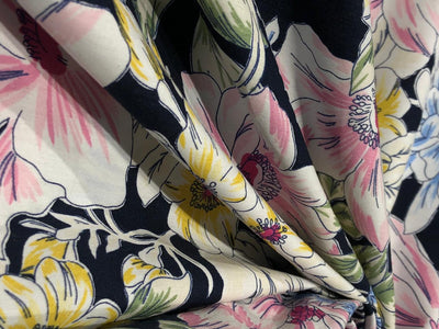 100% Cotton Poplin 58" black with pink, yellow ,blue and green floral [17581]