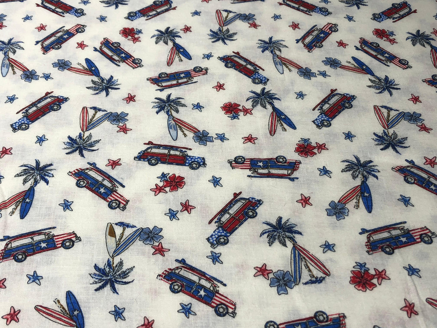 100% Cotton Linen  56" wide resort wear palm, surf board ,car  print [17289]