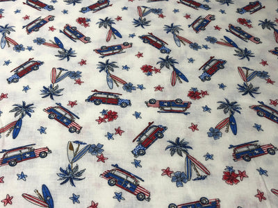 100% Cotton Linen  56" wide resort wear palm, surf board ,car  print [17289]