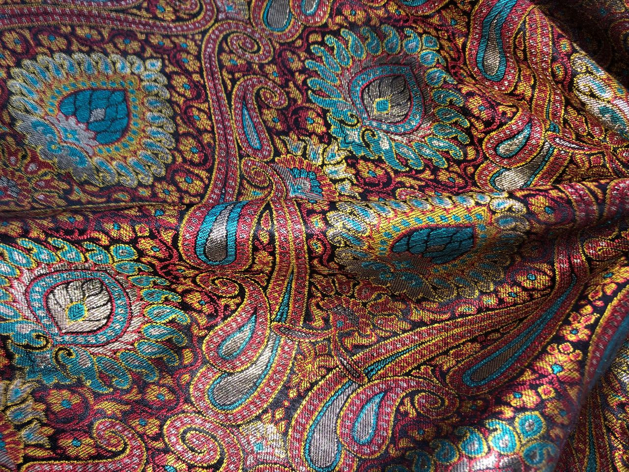 Silk Brocade fabric teal, black, red, mustard and metallic gold   BRO1092[1]