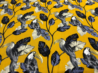 100% Cotton Poplin 58" wide digital print mustard with slate blue and grey leaves with parrots  [17613]