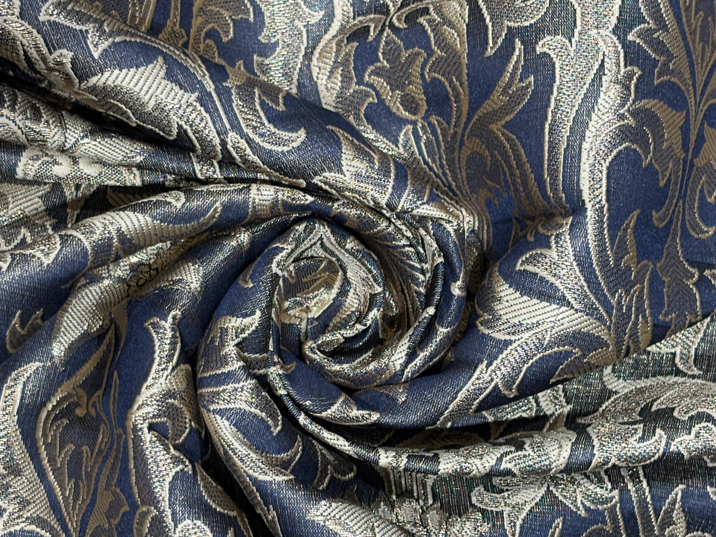 Silk Brocade fabric 44" antique gold jacquard motifs with vines available in 2 colors navy and black  BRO1054